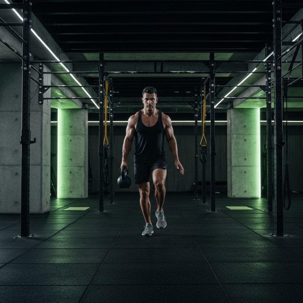 Atleta de entrenamiento hibrido realizando ejercicios funcionales en gimnasio moderno